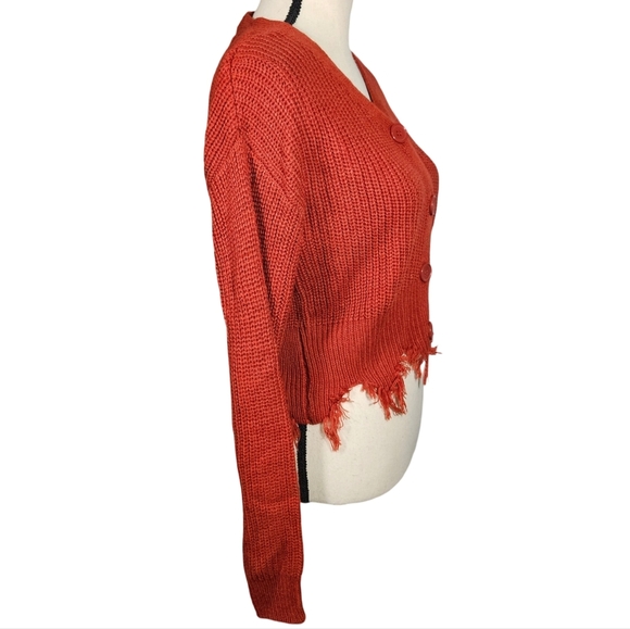 Love Tree Distressed V Neck Button Up Cropped Cardigan, Burnt Orange, Small - Picture 3 of 14